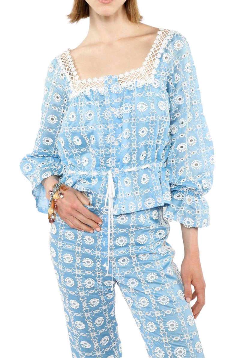 Anna Sui Lattice Lace Embroidery Capri Pants, Alternate, color, Baby Blue