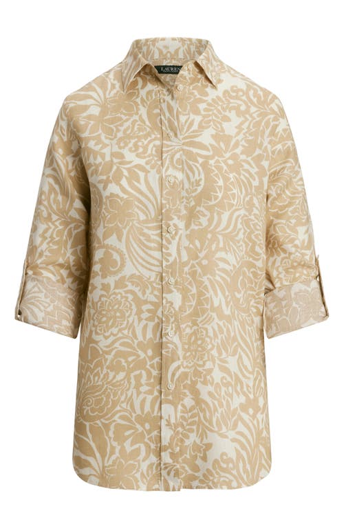 Shop Ralph Lauren Lauren  Floral Print Linen Woven Shirt In Cream/tan