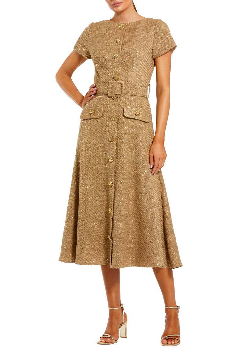 Boucle Cap Sleeve High Neck Button Up Midi Dress, Main, color, Toffee