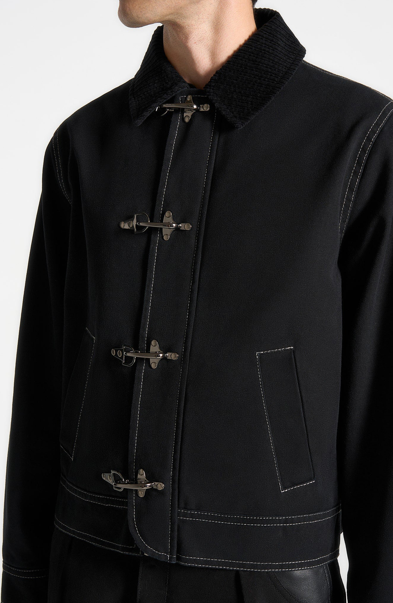Manière De Voir Nino Clasp Detail Contrast Stitch Gabardine Jacket, Alternate, color, Black
