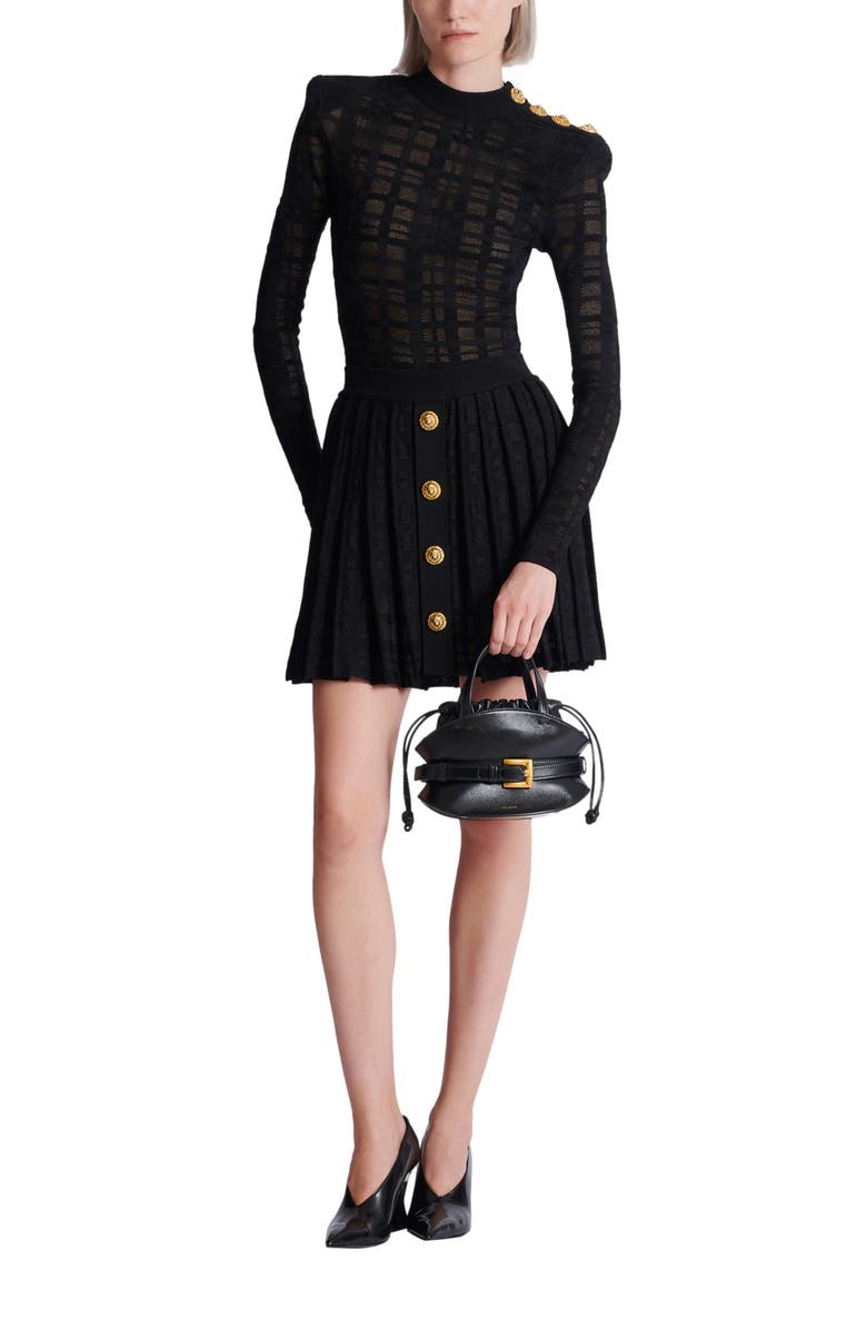 Balmain Short pleated skirt in plaid knit, Alternate, color, Black