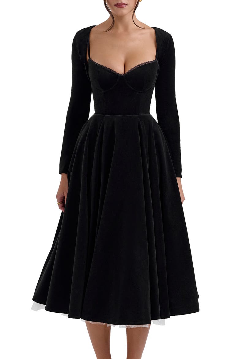Mademoiselle Long Sleeve Midi Cocktail Dress, Alternate, color, BLACK