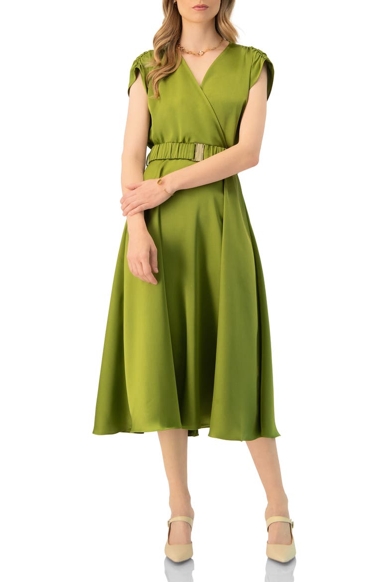 Sleeveless Midi Satin Dress with Belt, Main, color, Green