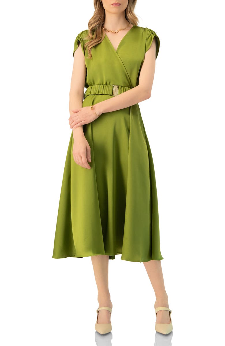 IVONNE Sleeveless Midi Satin Dress with Belt, Main, color, Green