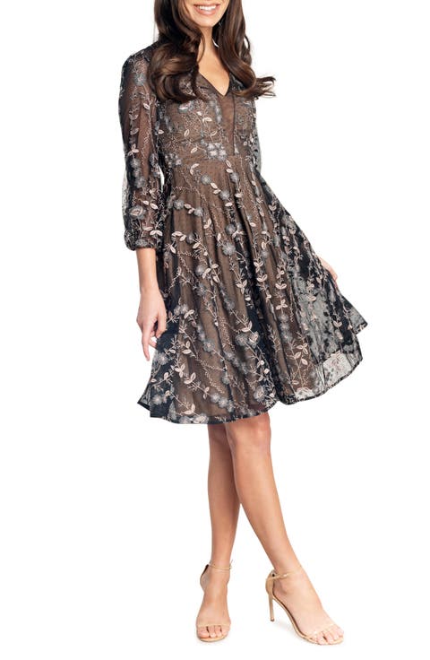 Floral Emroidery Long Sleeve Fit & Flare Dress