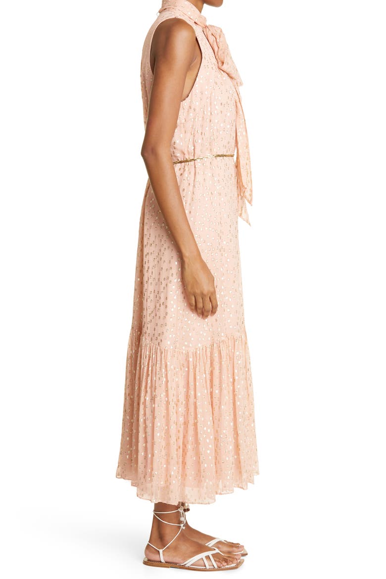 Rhythmic Metallic Fil Coupé Halter Neck Midi Dress, Alternate, color, SHERBET