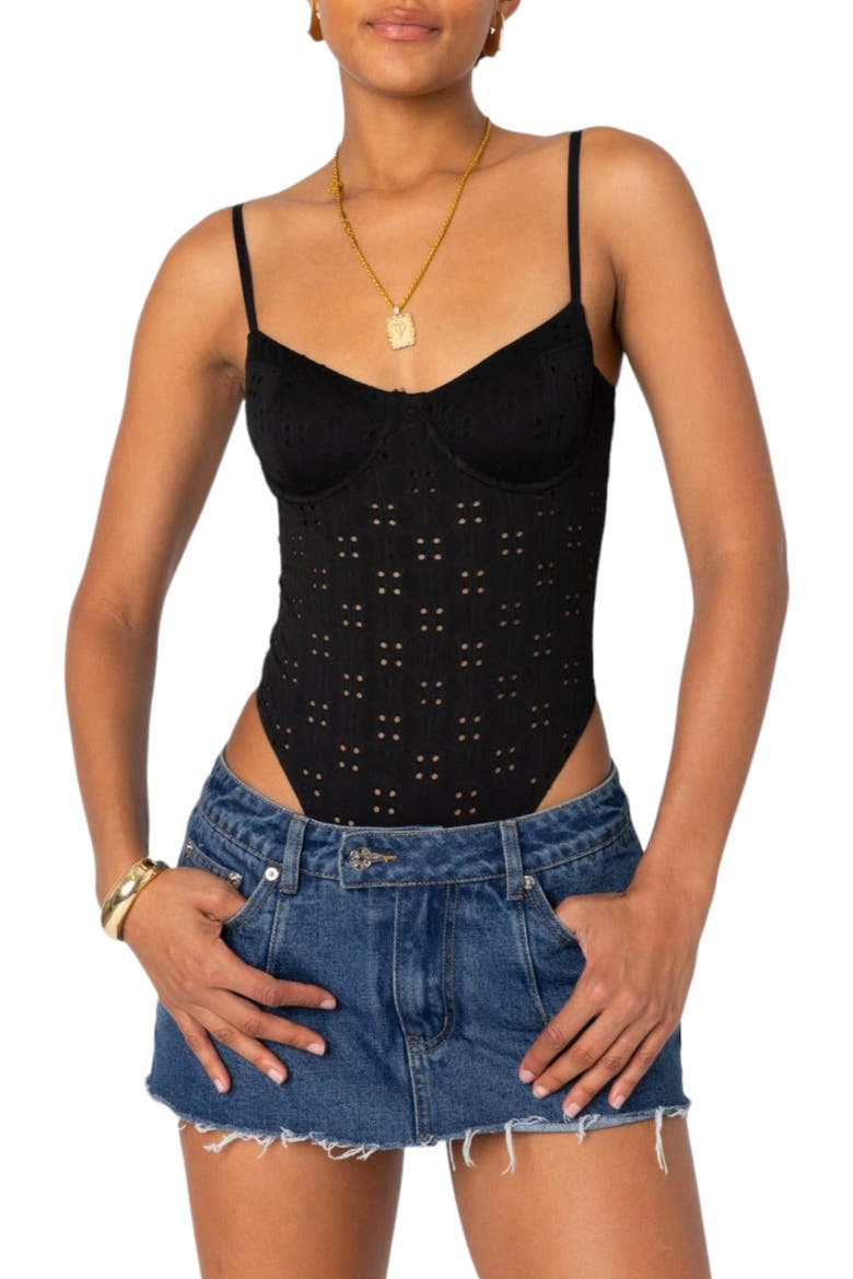 Raven Eyelet Embroidered Bodysuit, Main, color, BLACK