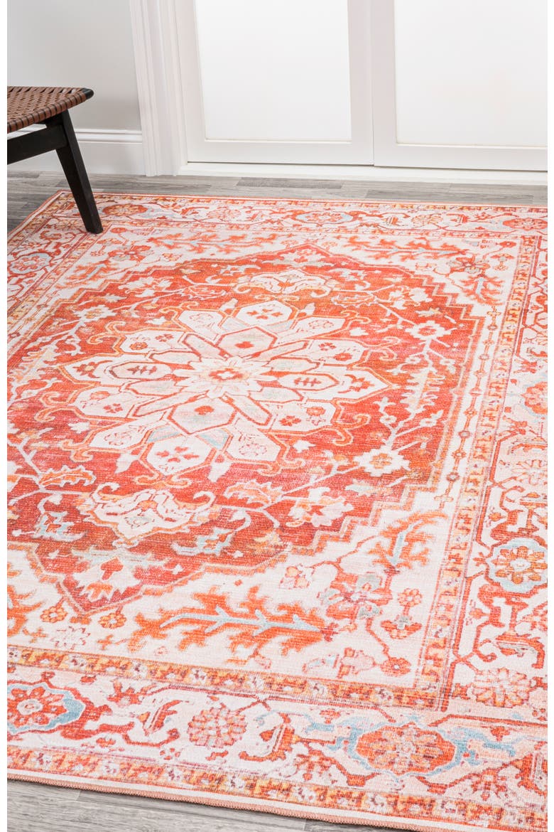 Asa Ornate Medallion Machine-Washable Area Rug, Alternate, color, Orange/Cream