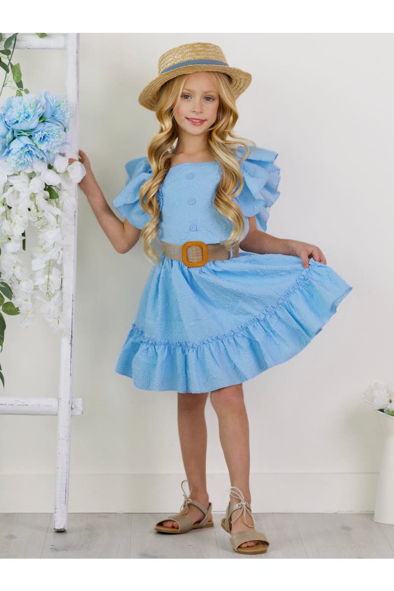 Girls Ruffle Sleeve Belted Skirt Set, Alternate, color, Blue