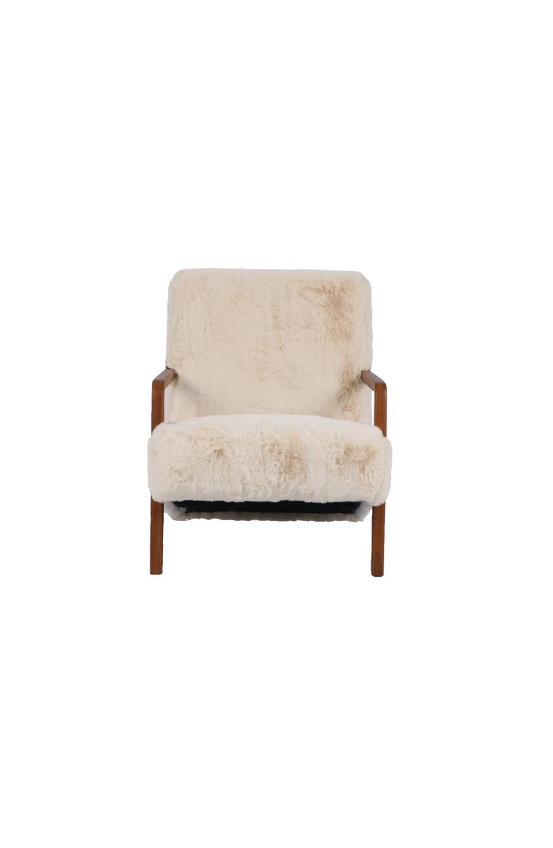 Storied Home Faux Fur Upholstered Chair with Rubberwood Frame, Cream Color and Oak Finish, Main, color, White