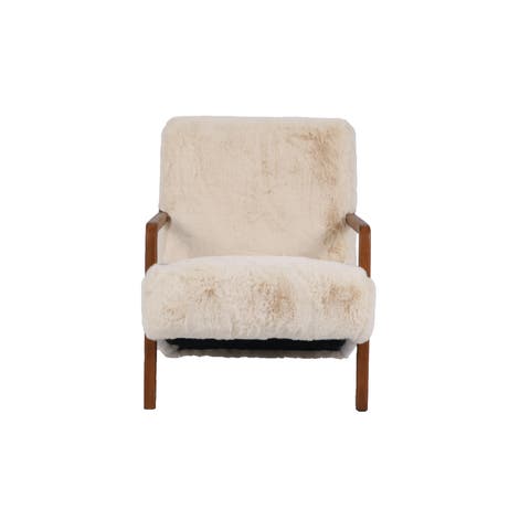 Faux Fur Upholstered Chair with Rubberwood Frame, Cream Color and Oak Finish