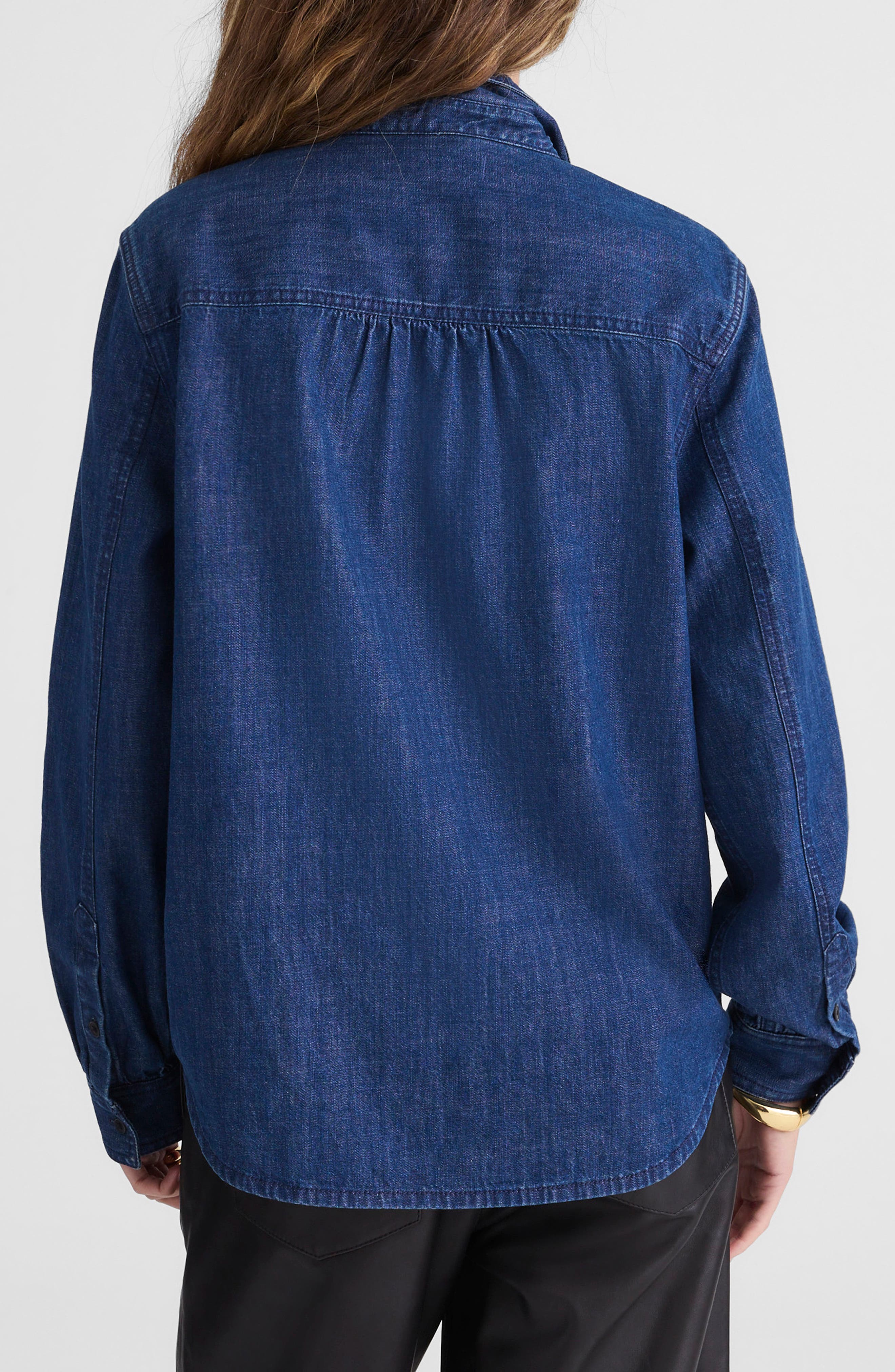 Tie Neck Denim Button-Up Shirt - image 2