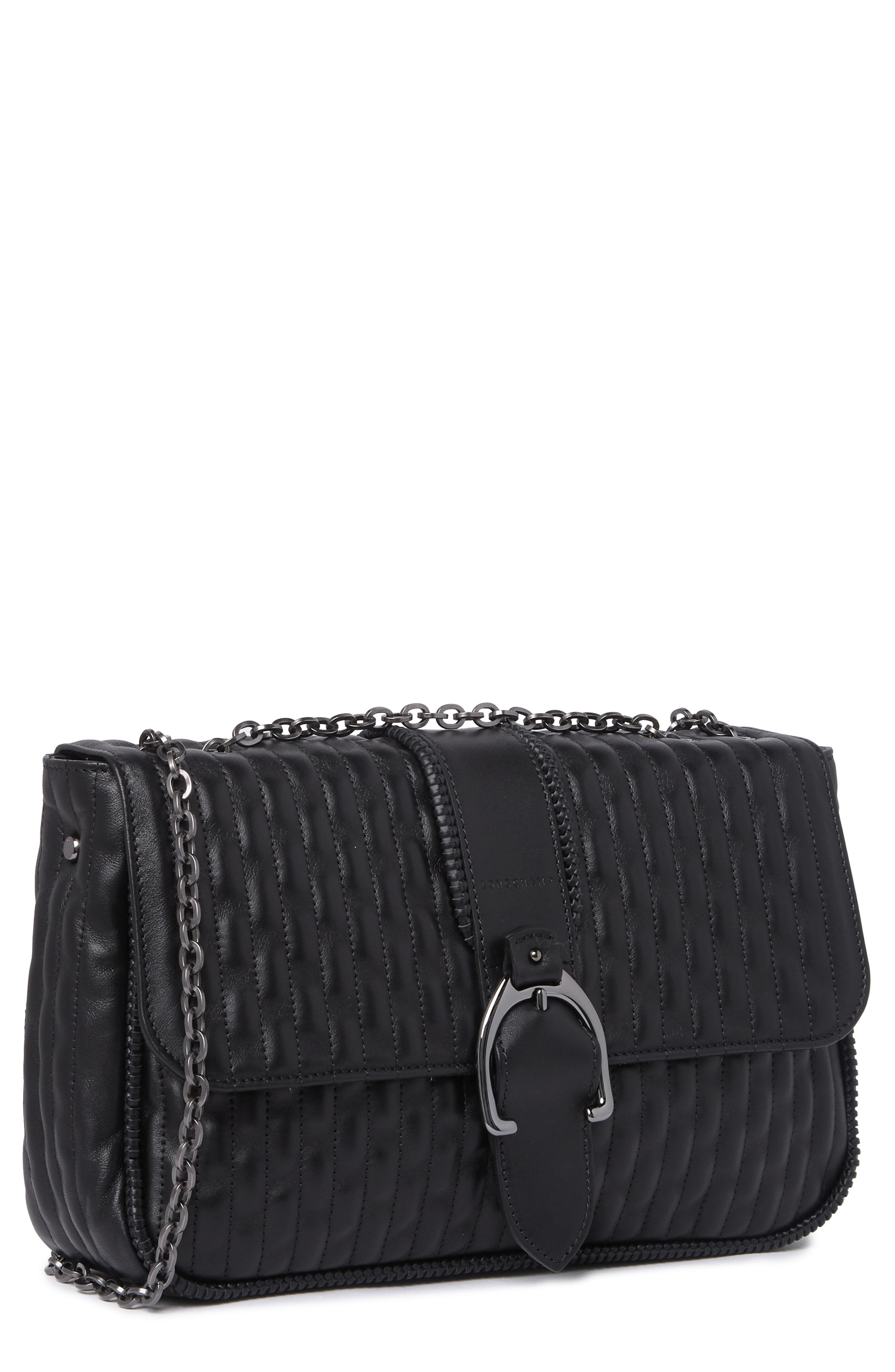 Longchamp Embossed Leather Chain Strap Shoulder Bag, Alternate, color, Black