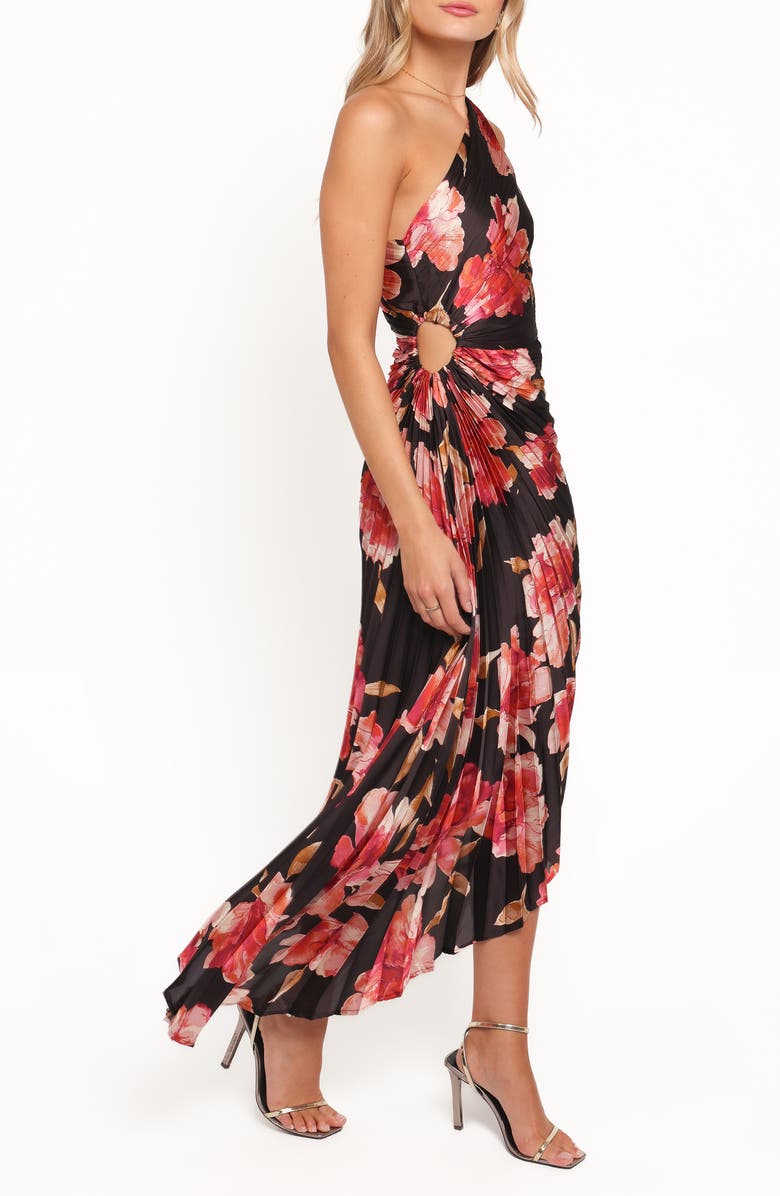 Petal & Pup Kleo Floral Pleated One-Shoulder Satin Cocktail Dress, Alternate, color, Midnight Orchid