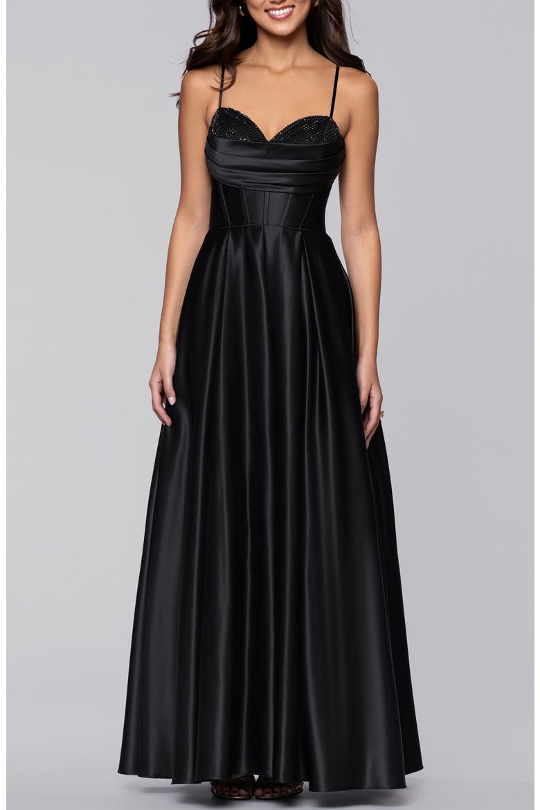 Diamante Lace-Up Ballgown, Main, color, BLACK