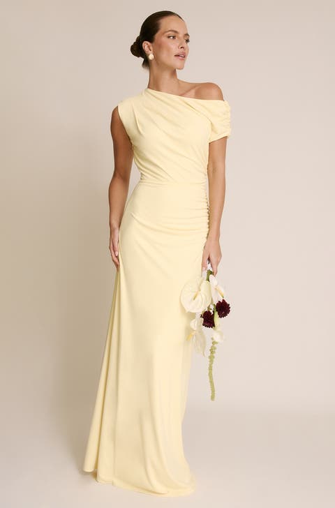 Slash Neck Draped Bridesmaid Dress