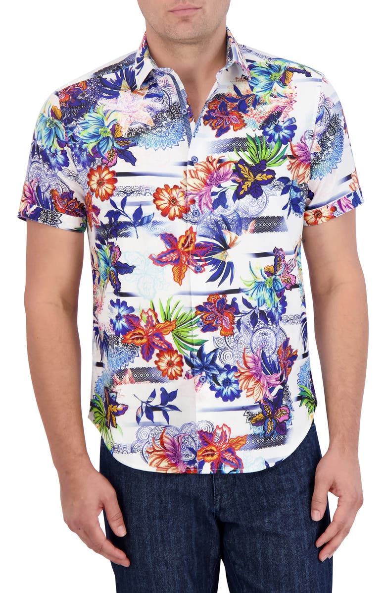 Robert Graham Kendari Floral Short Sleeve Linen & Cotton Button-Up Shirt, Main, color,