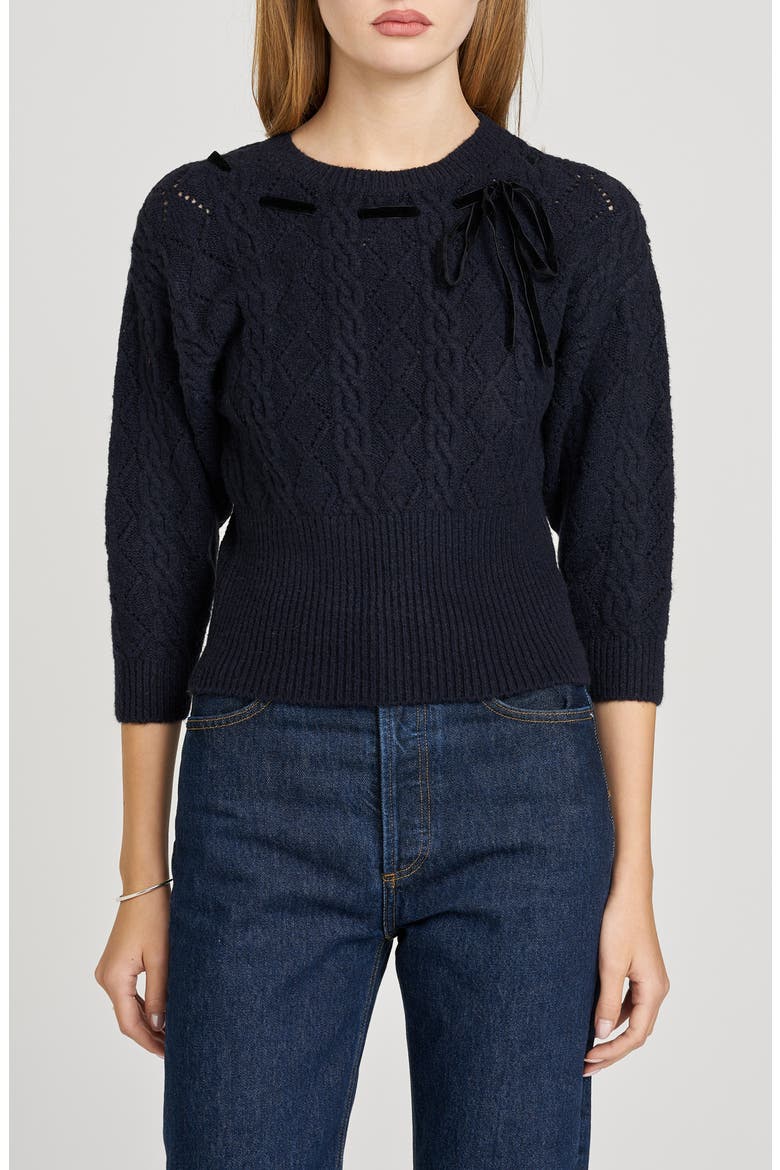 x Sara Walker Miranda Velvet Pointelle Sweater, Main, color, NAVY