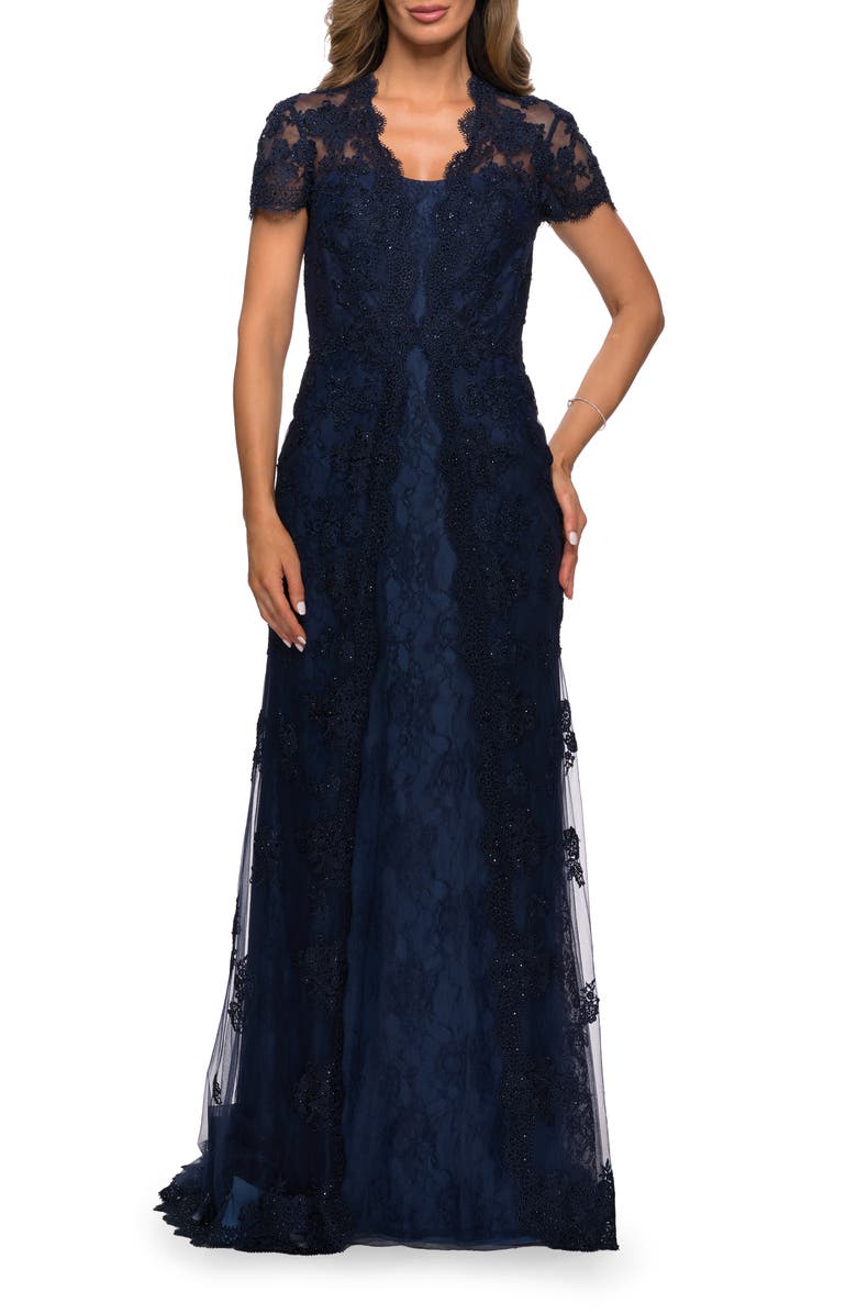 La Femme Long Lace Evening Dress with Scallop Detailing and Rhinestones, Main, color, Navy