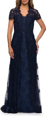 La Femme Long Lace Evening Dress with Scallop Detailing and Rhinestones