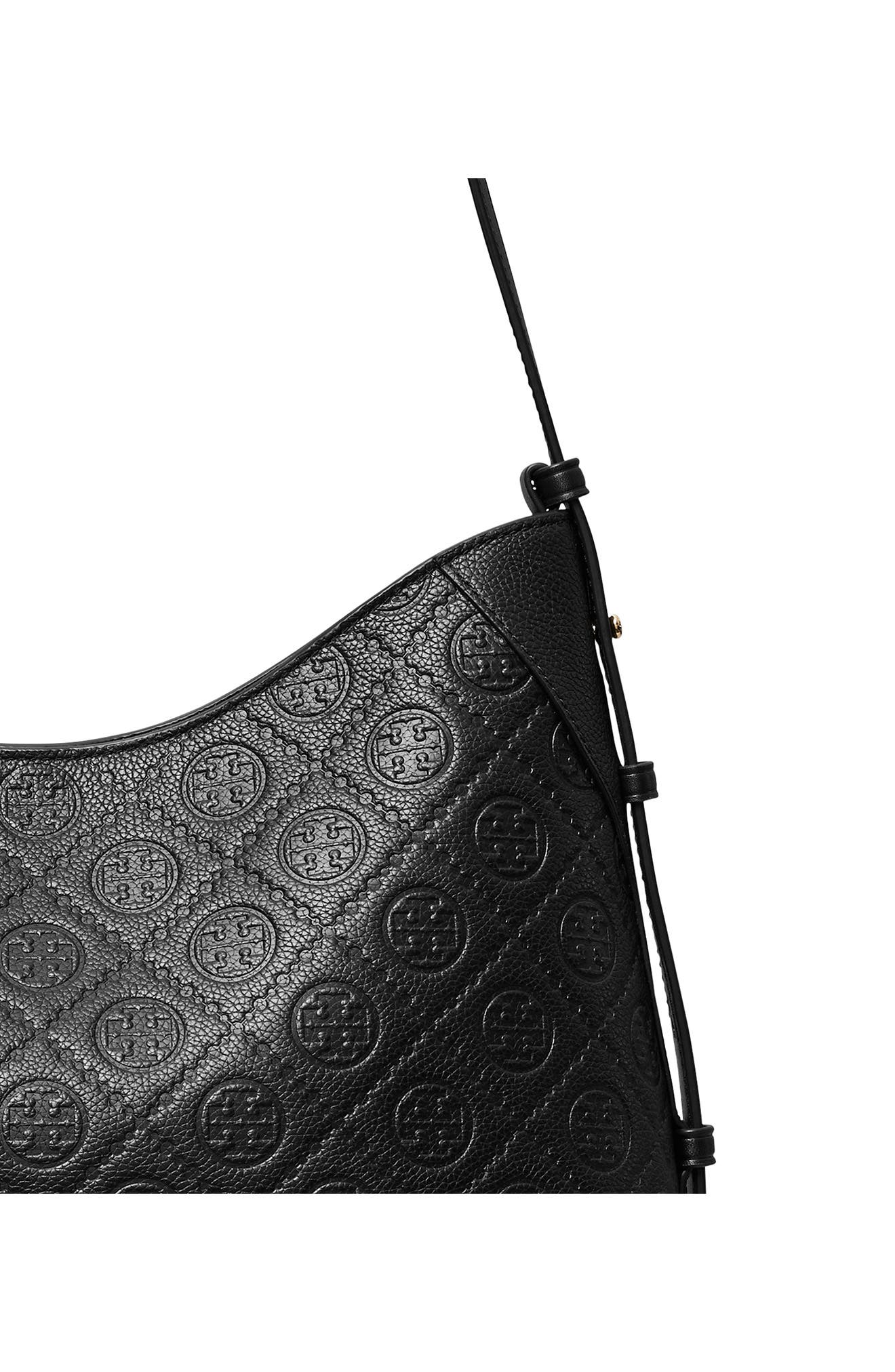 Tory Burch T Monogram Pebble Leather Messenger Bag, Alternate, color, Black