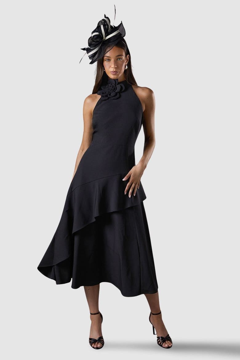 High Neck Corsage Detail Midi Dress, Main, color, Black