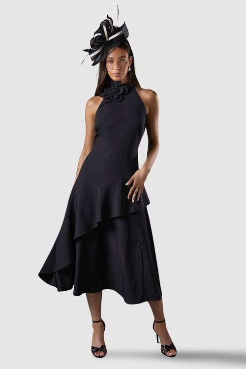 Coast High Neck Corsage Detail Midi Dress In Black