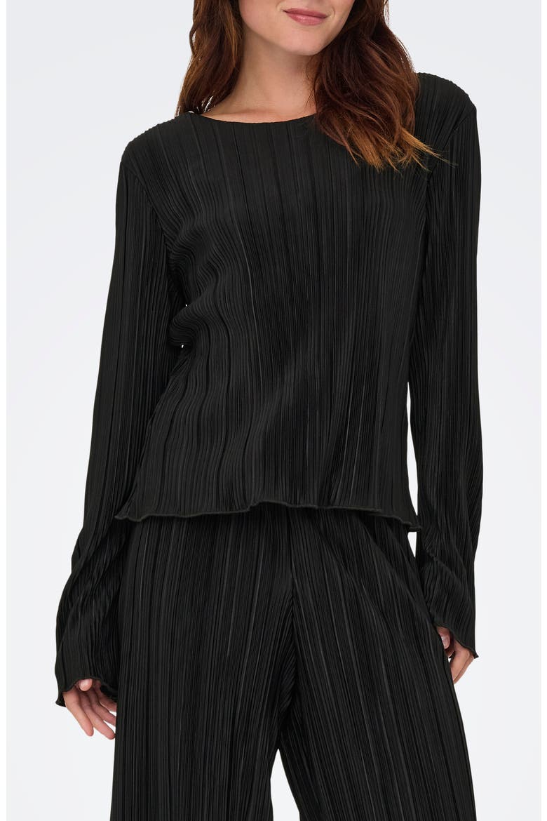 Pery Long Sleeve Plissé Top, Main, color, BLACK