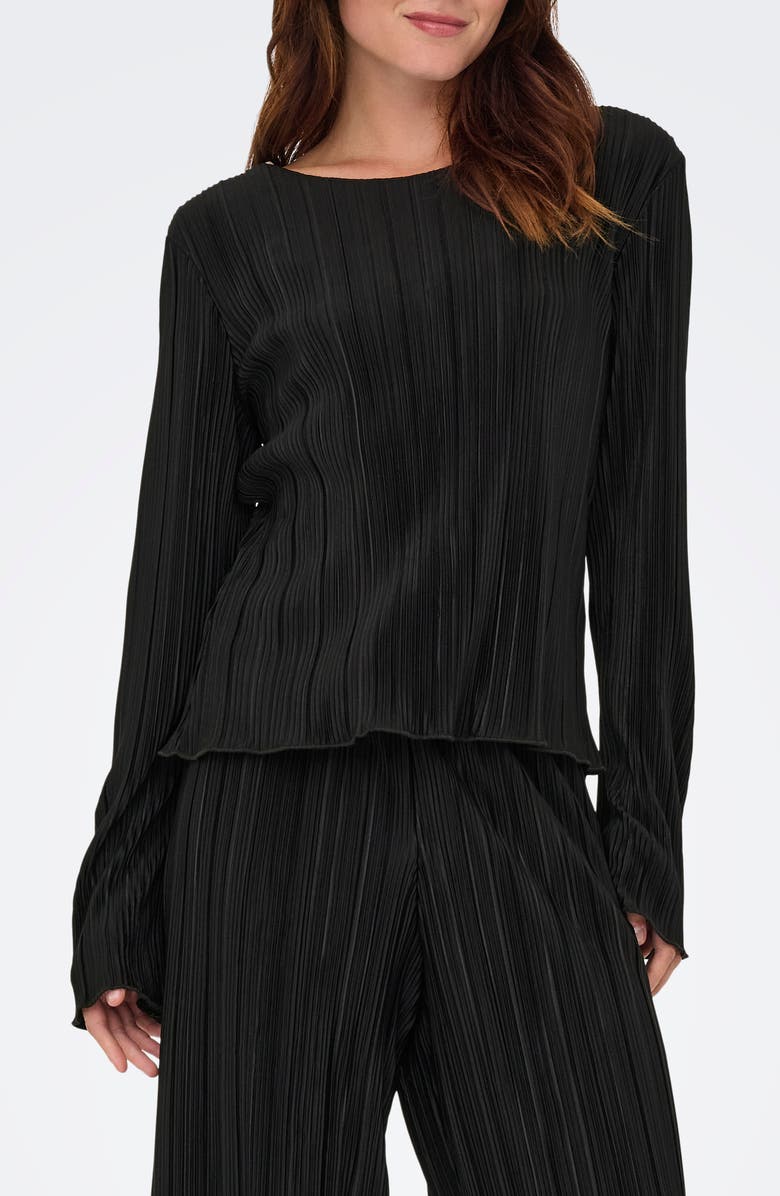 Only Pery Long Sleeve Plissé Top, Main, color, Black