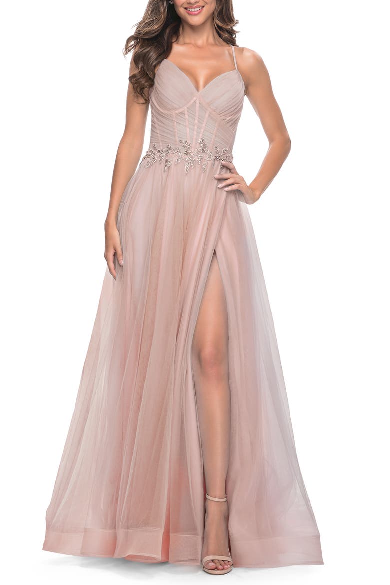 A-Line Prom Gown with Ruched Bodice and Rhinestone Belt Detail, Main, color, Mauve