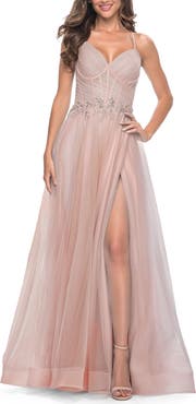 La Femme A-Line Prom Gown with Ruched Bodice and Rhinestone Belt Detail