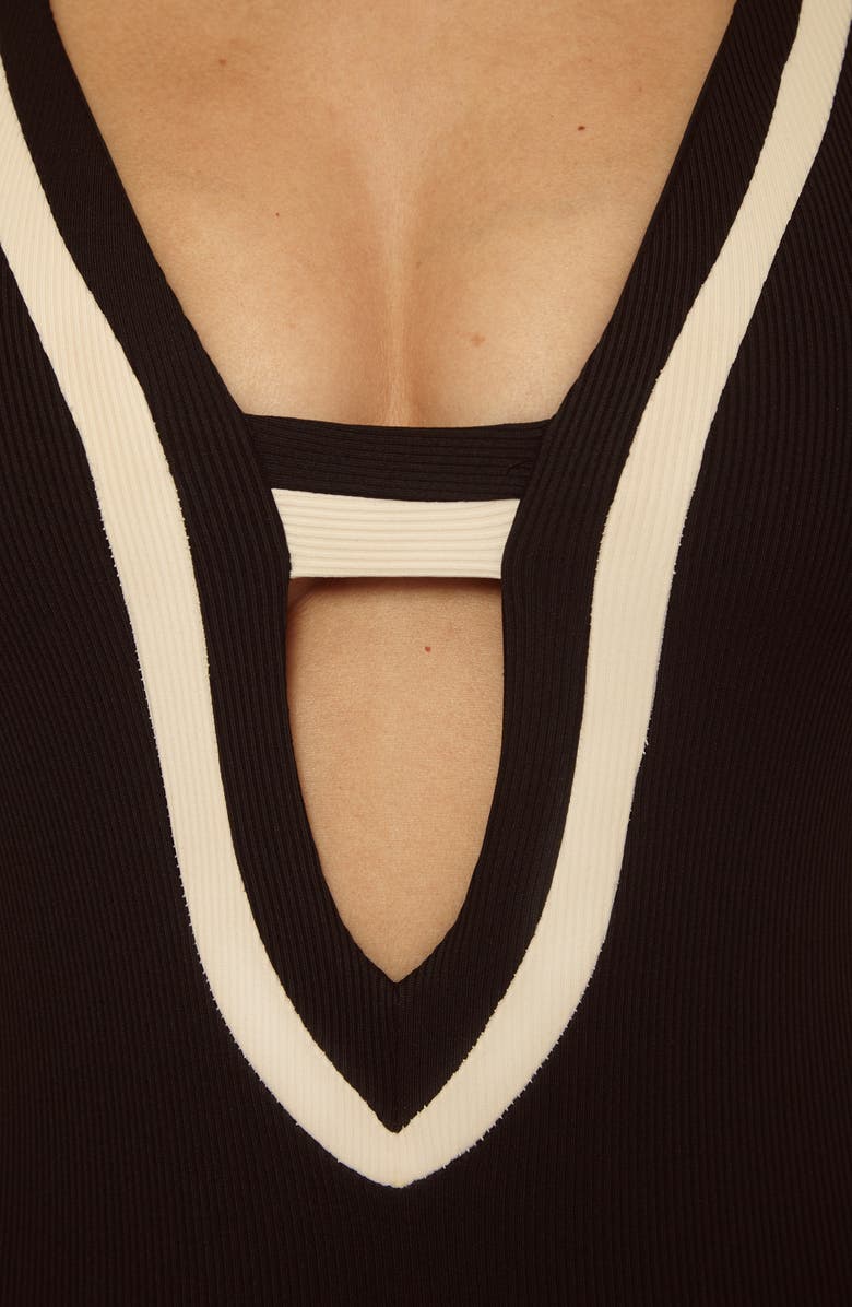 Becca Coast Line Plunge One-Piece Swimsuit, Alternate, color, Black/ Tan