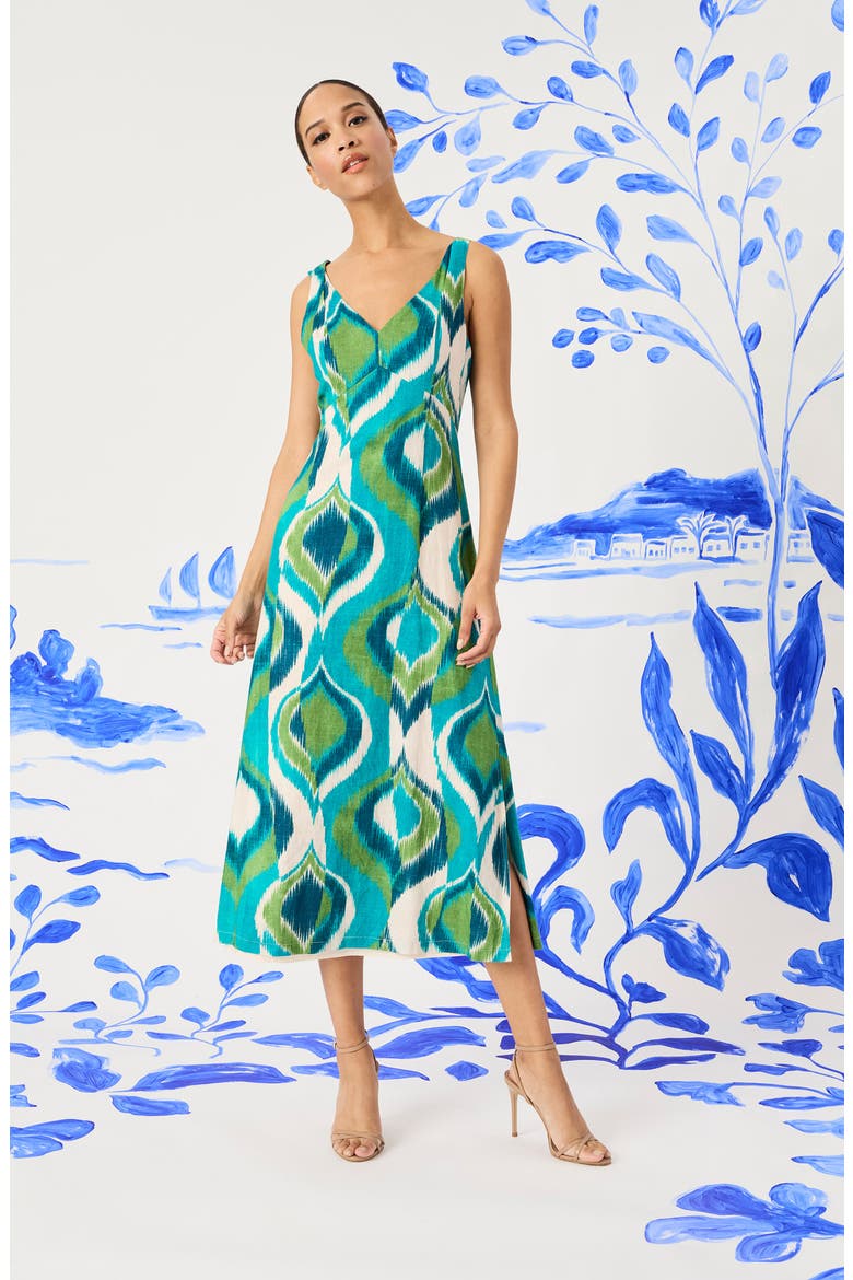 Linen Blend Midi Dress, Alternate, color, IVORY/ AQUA