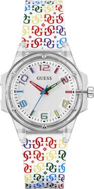 GUESS Worn with Pride Rainbow Clear Silicone Strap Watch, 34mm