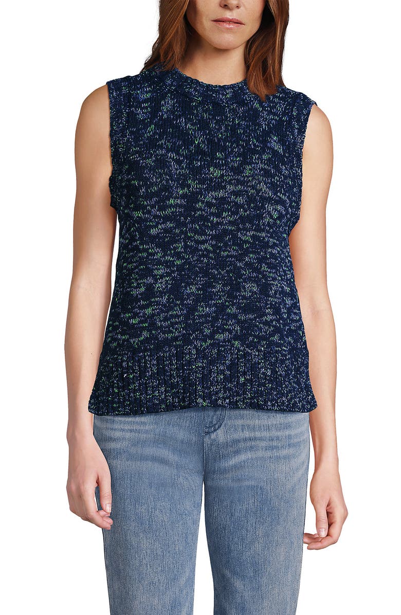 Lands' End Cotton Tweed Textured Crewneck Vest Sweater, Alternate, color, Deep Sea Navy Space Dye