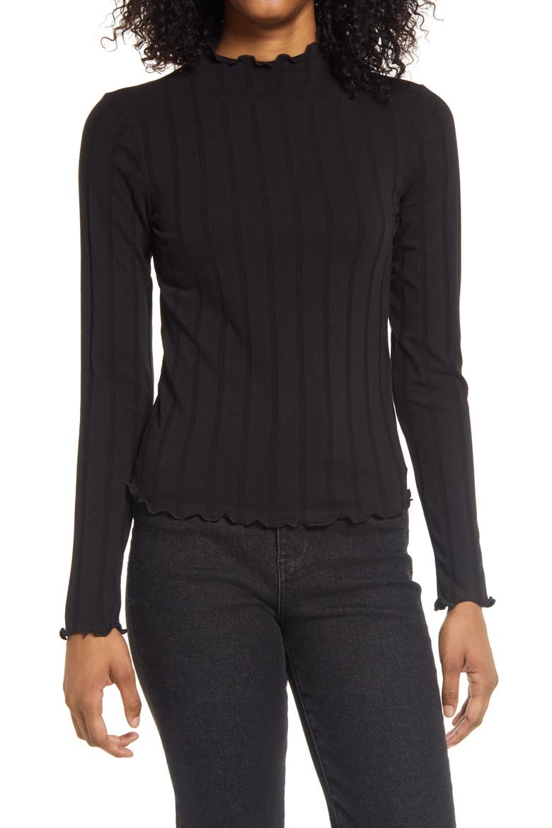 Lettuce Edge Ribbed Cotton Blend Turtleneck Top, Main, color, BLACK