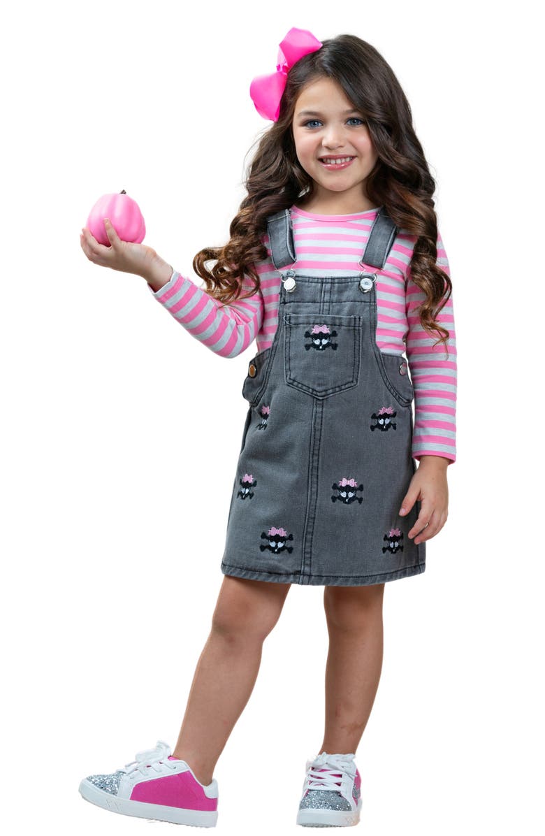 Mia Belle Girls Girls Skull Rock Denim Overall Dress Set, Main, color, Grey