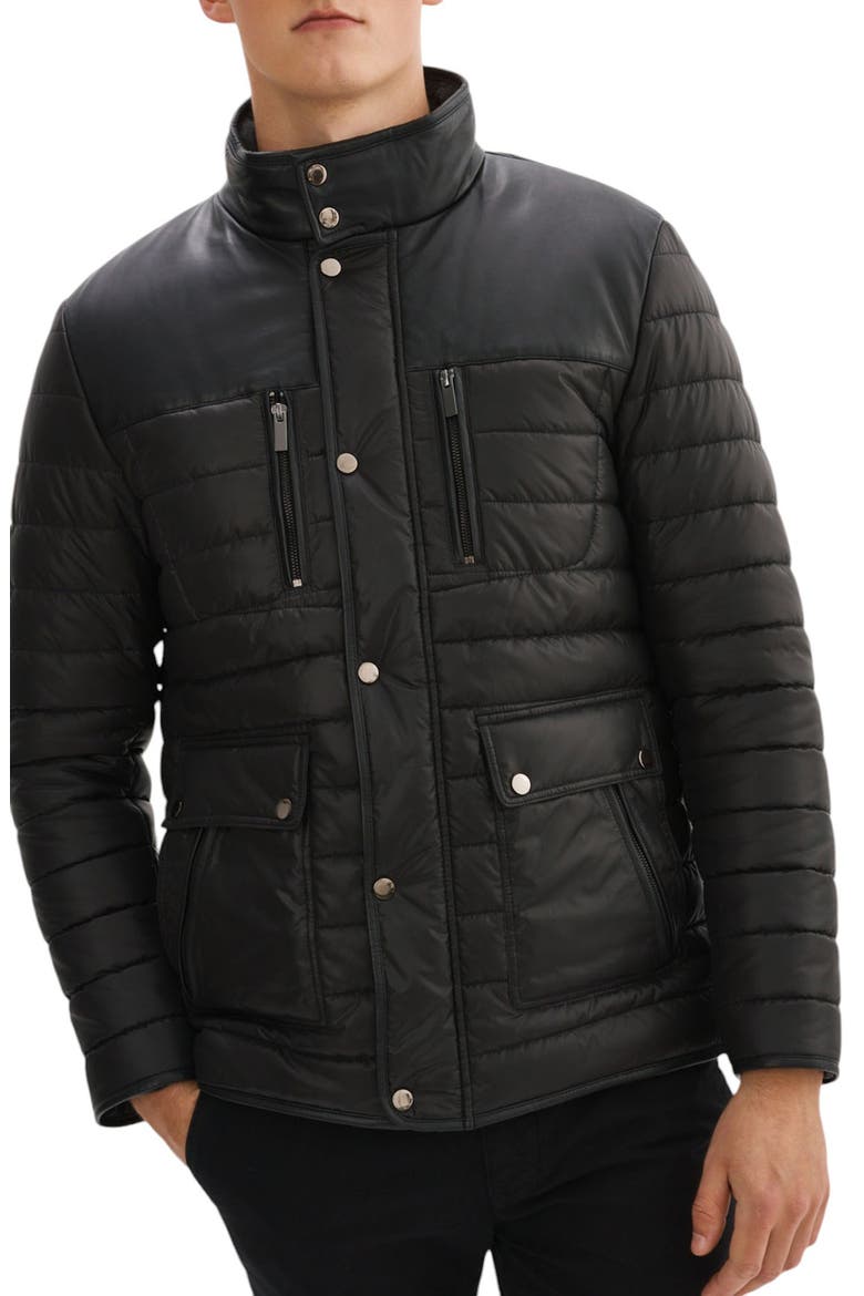 Leather Trim Channel Quilt Jacket, Alternate, color, BLACK