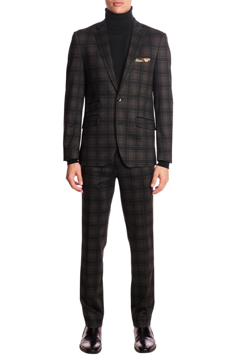 PAISLEY & GRAY Downing Slim Fit Flat Front Check Dress Pants, Alternate, color, Green Charcoal Plaid