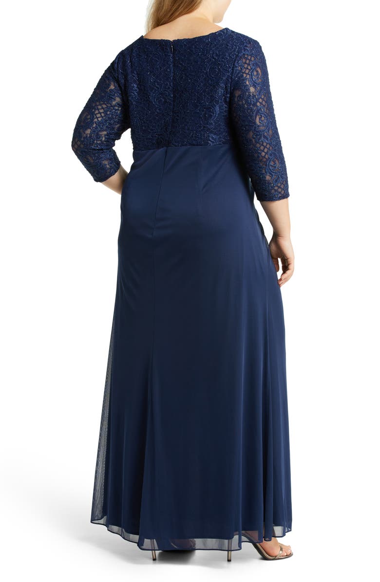 Alex Evenings Beaded Lace Bodice Empire Waist Gown, Alternate, color, Navy
