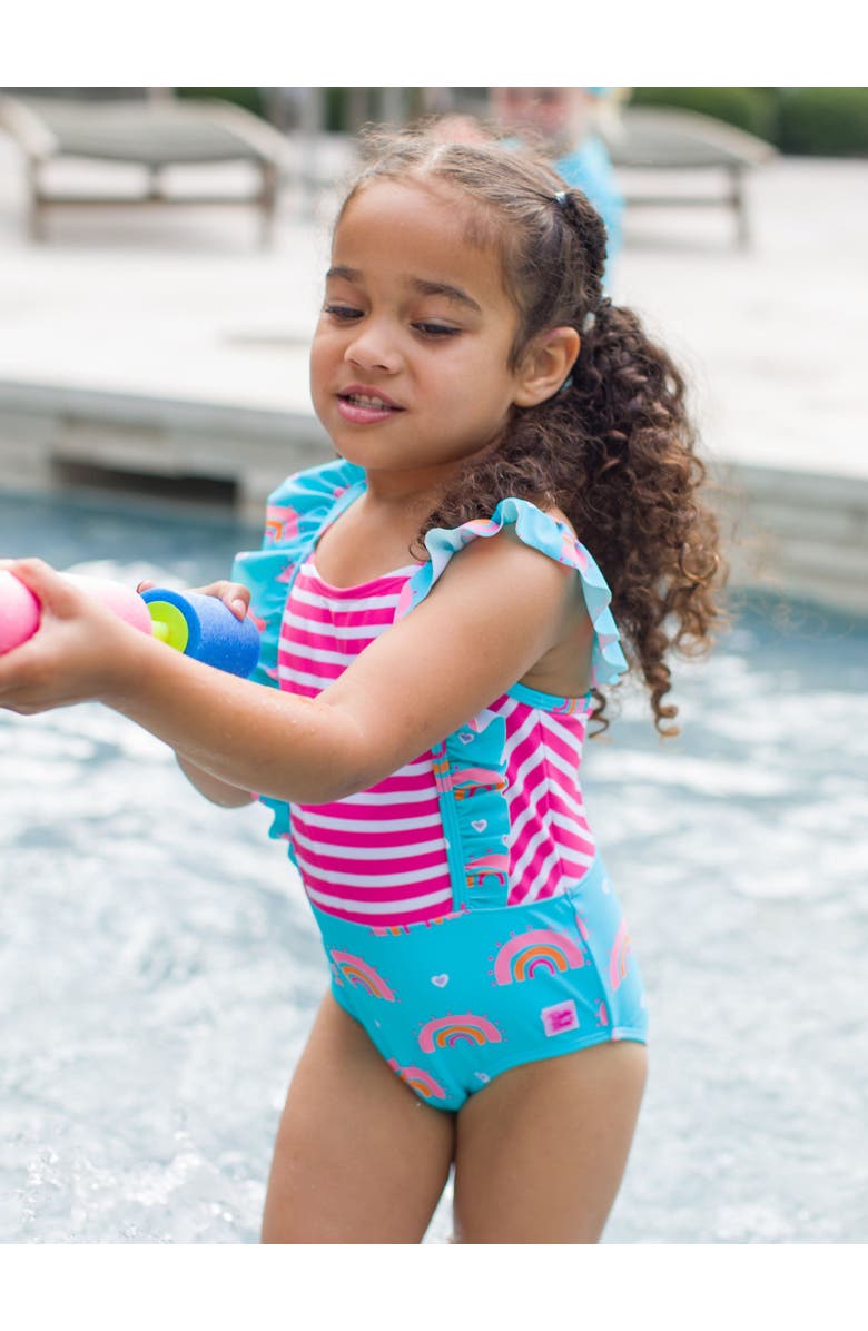 RuffleButts Baby Girls UPF50+ Pinafore One Piece, Alternate, color, Catching Rainbows