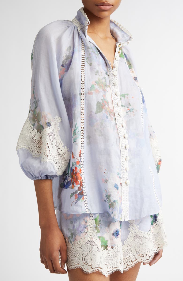Zimmermann Everley Floral Lace Trim Ramie Button-Up Shirt, Alternate, color, 
