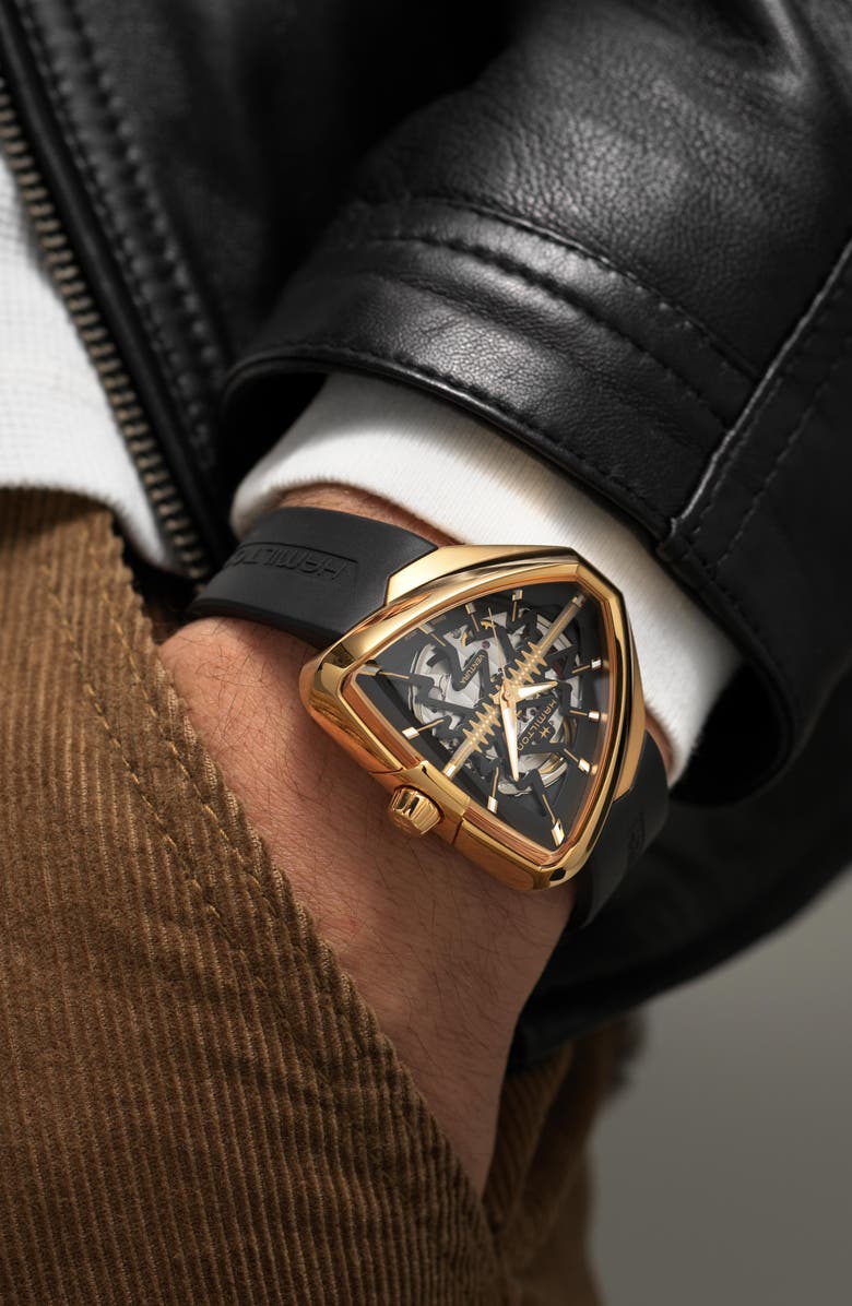 Hamilton Ventura Elvis80 Skeleton Automatic Rubber Strap Watch, 44.6mm, Alternate, color, Black