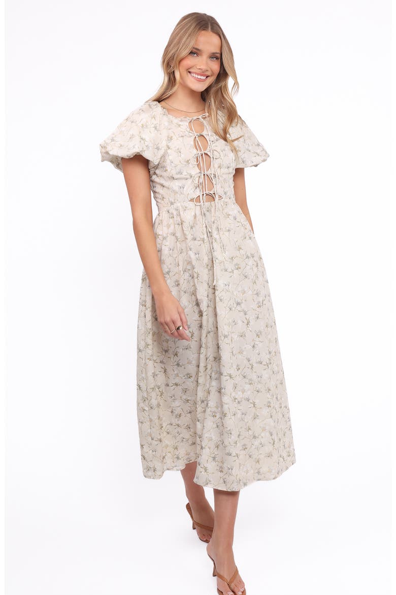 Kathleen Puff Sleeve Tie Front Maxi Dress, Alternate, color, LIGHT BEIGE/GREEN FLORAL