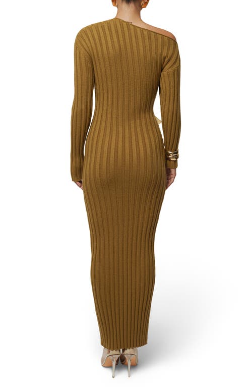 Jluxlabel Auttoman Long Sleeve One-shoulder Rib Maxi Dress In Brown