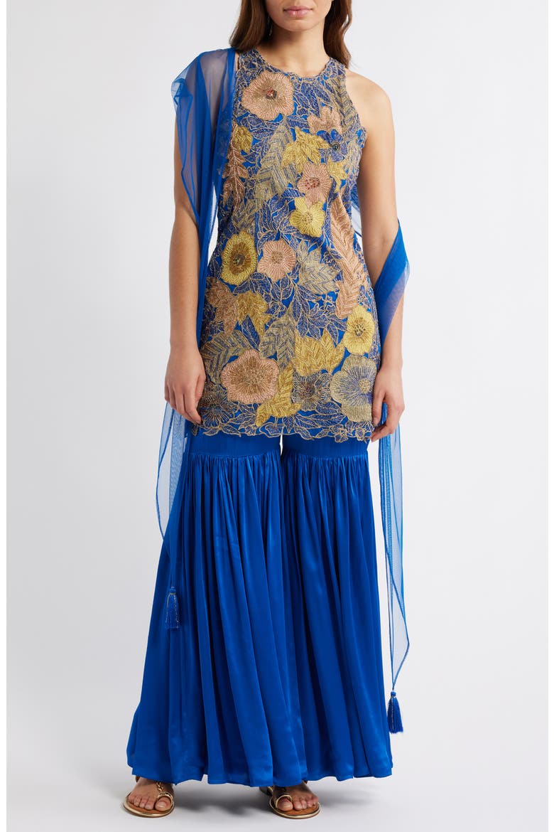 Nidhi Satin Gharara with Georgette Dupatta, Main, color, BLUE