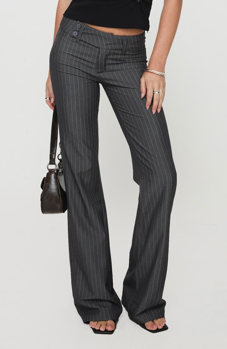 Princess Polly Kinkirk Pinstripe Low Rise Flare Pants, Main, color, Grey