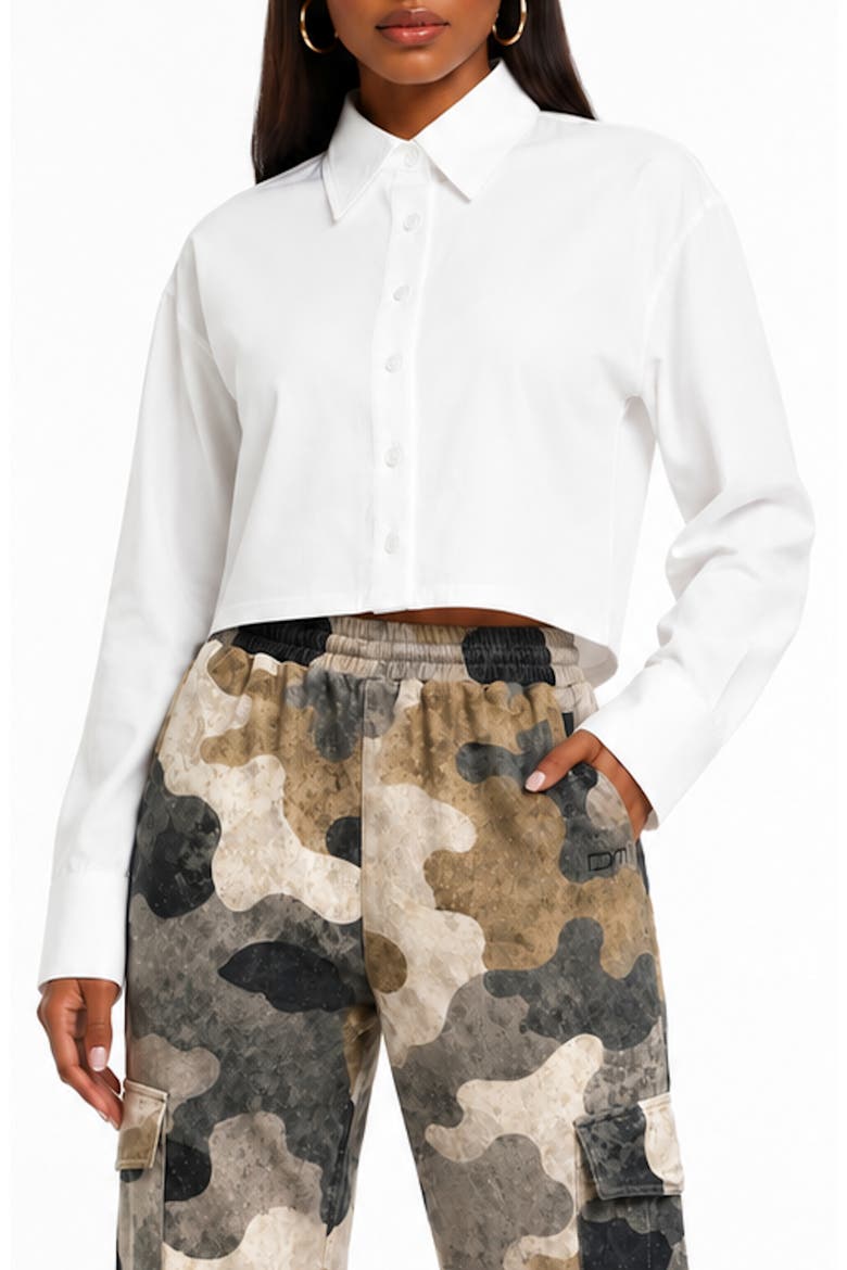 Long Sleeve Button Down Cropped Shirt, Main, color, WHITE