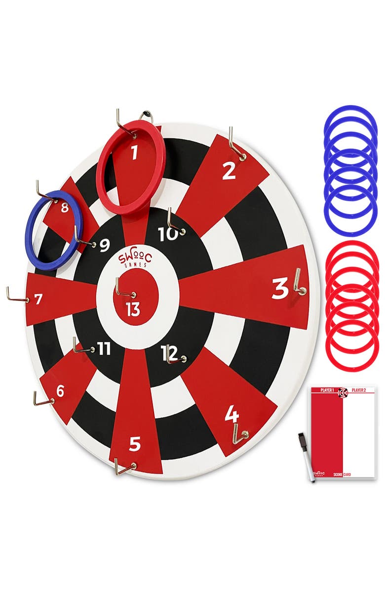Swooc Games Hook Darts Ring Toss Game | Wood Board and Soft Rings, Main, color, Multicolored