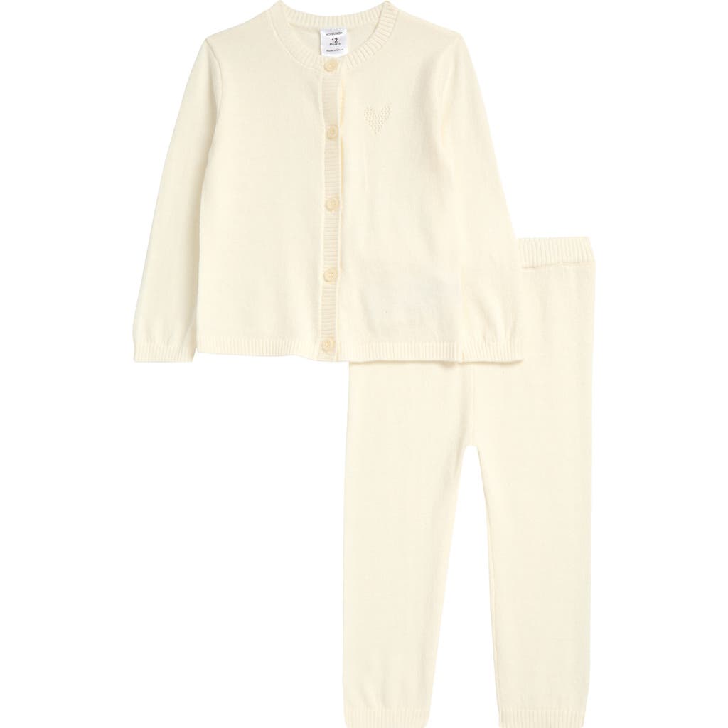Nordstrom Pointelle Heart Cardigan & Sweater Pants Set In White